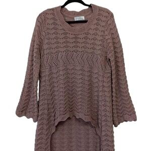 Knit Mix Sweater Dress Womens Small Pink Chevron Open Knit‎ Hi Low Bell Sleeve